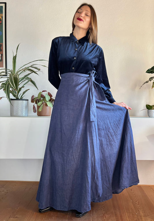 1970's vintage denim maxi prairie skirt