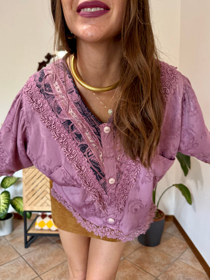 1990's vintage light purple floral brocade textured blouse with crochet lace detailing