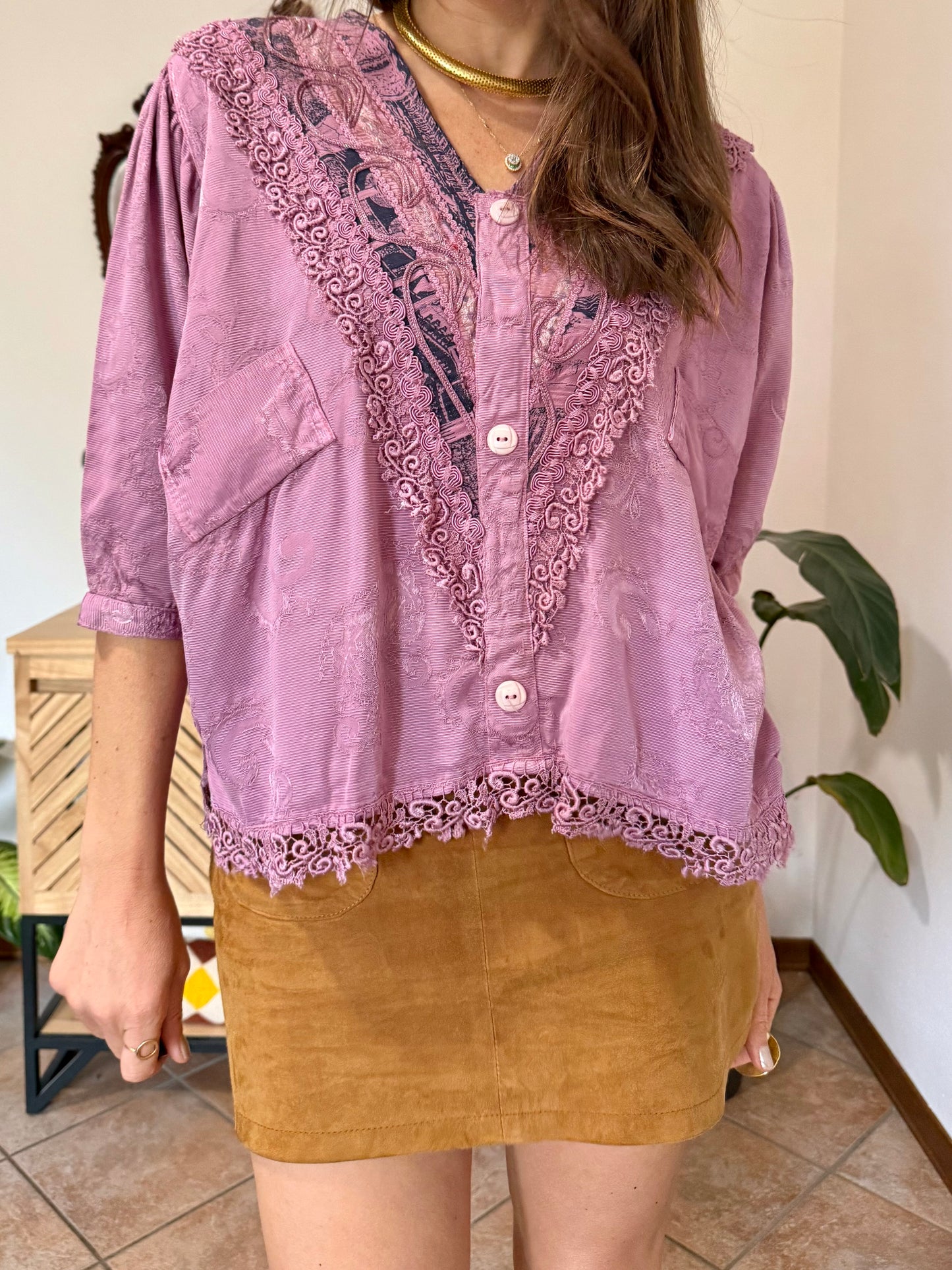 1990's vintage light purple floral brocade textured blouse with crochet lace detailing