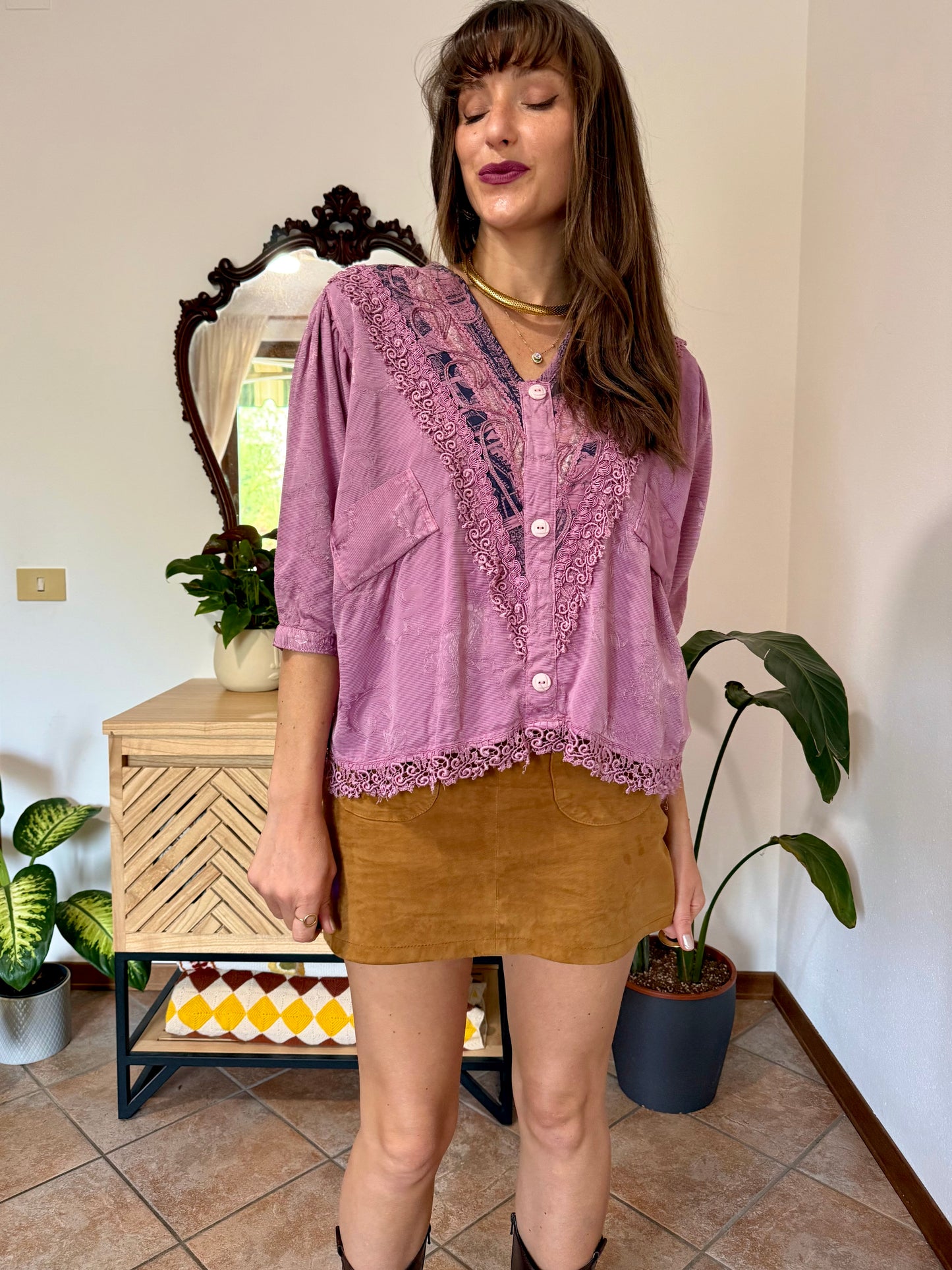 1990's vintage light purple floral brocade textured blouse with crochet lace detailing