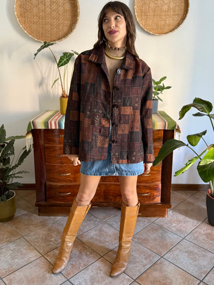 1990's vintage chocolate brown, tan and burgundy patchwork leaf motif textured jacket