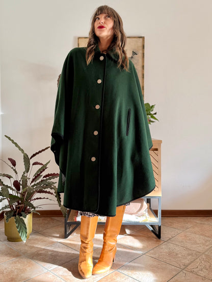 1970’s vintage dark green Loden cape overcoat with navy blue details