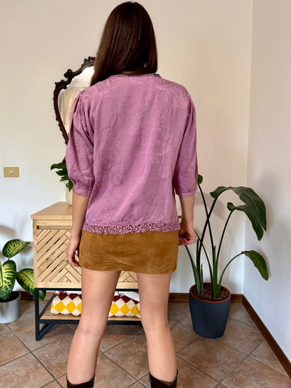 1990's vintage light purple floral brocade textured blouse with crochet lace detailing