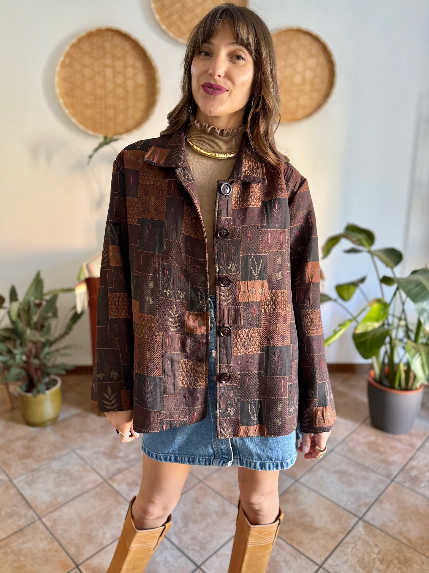1990's vintage chocolate brown, tan and burgundy patchwork leaf motif textured jacket