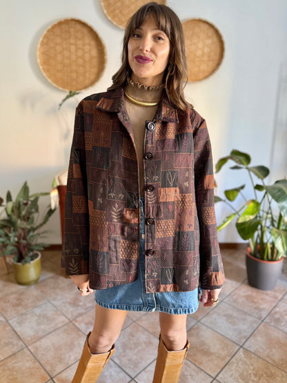 1990's vintage chocolate brown, tan and burgundy patchwork leaf motif textured jacket