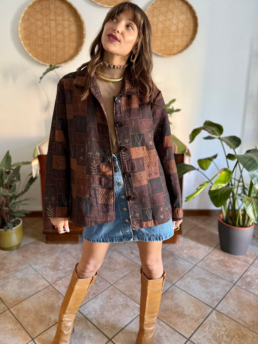 1990's vintage chocolate brown, tan and burgundy patchwork leaf motif textured jacket