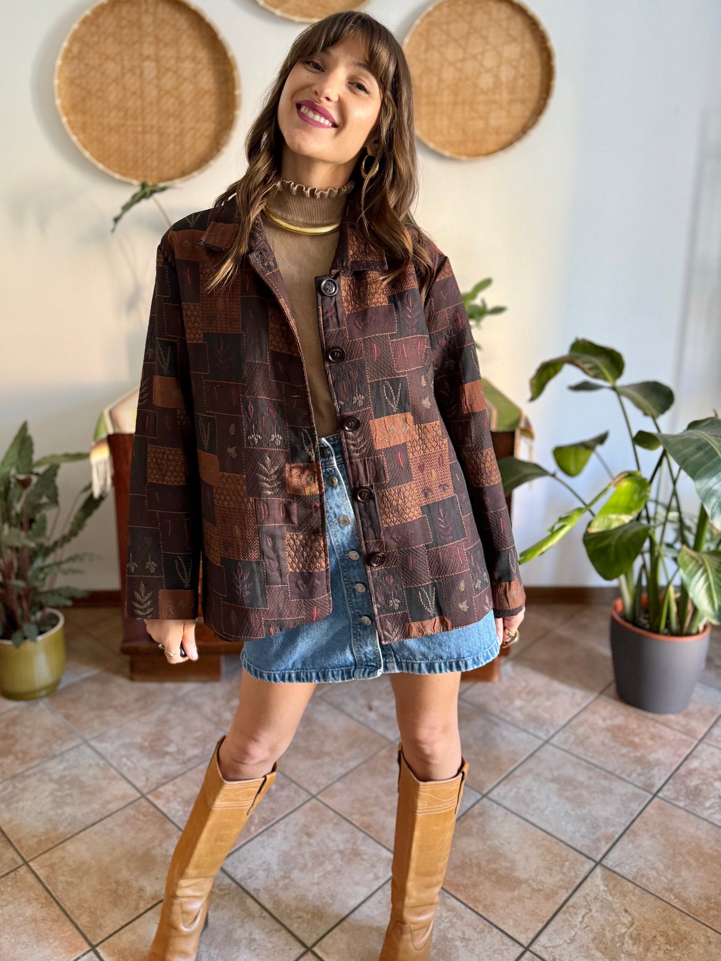 1990's vintage chocolate brown, tan and burgundy patchwork leaf motif textured jacket
