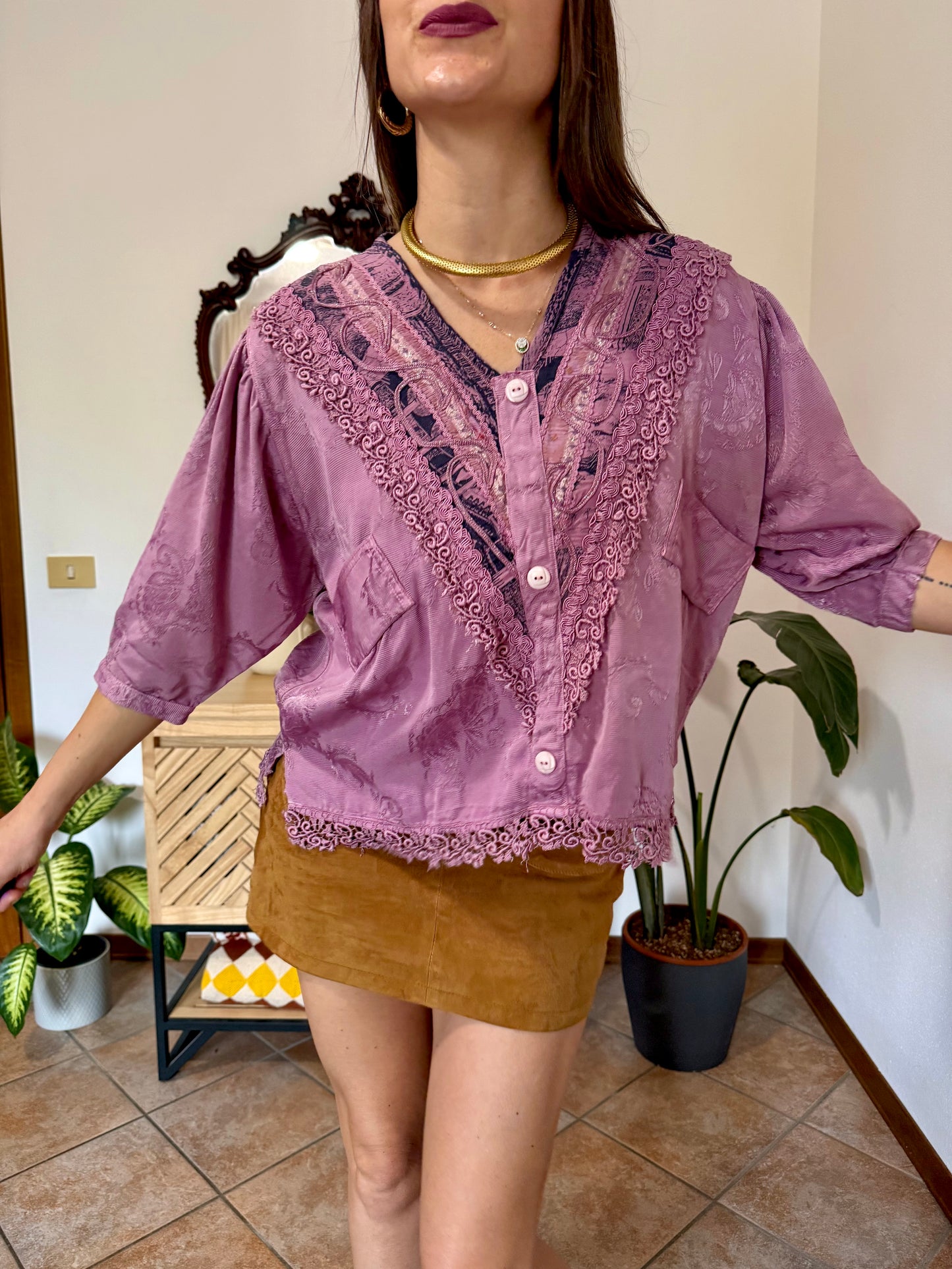 1990's vintage light purple floral brocade textured blouse with crochet lace detailing