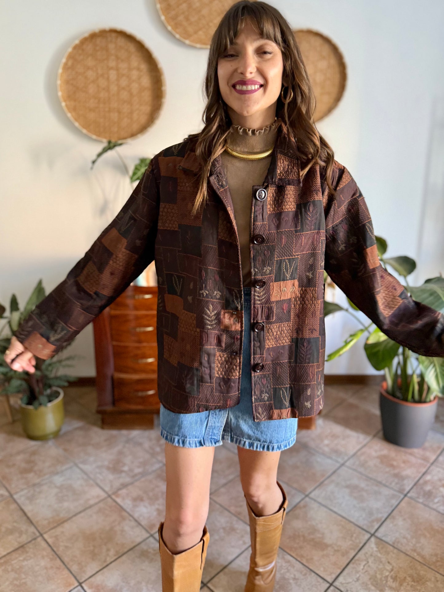 1990's vintage chocolate brown, tan and burgundy patchwork leaf motif textured jacket