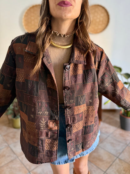 1990's vintage chocolate brown, tan and burgundy patchwork leaf motif textured jacket