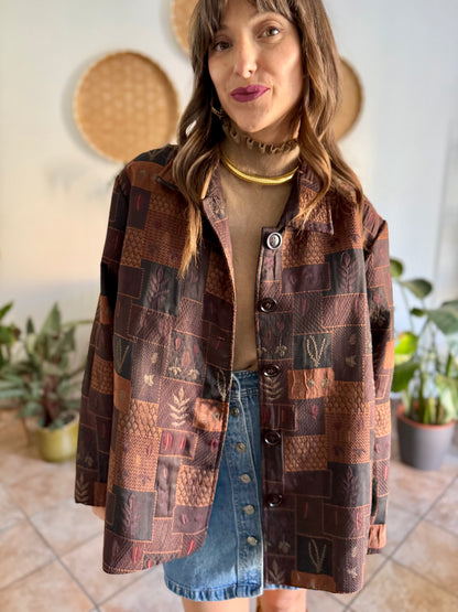 1990's vintage chocolate brown, tan and burgundy patchwork leaf motif textured jacket