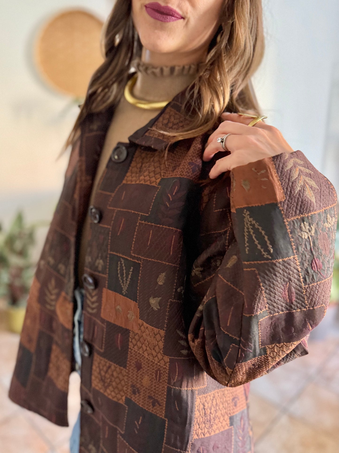 1990's vintage chocolate brown, tan and burgundy patchwork leaf motif textured jacket