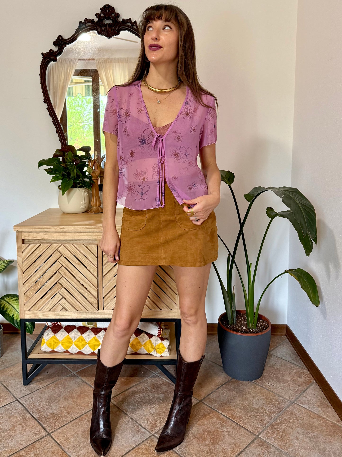 Y2k vintage pink sheer top with floral print