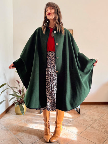 1970’s vintage dark green Loden cape overcoat with navy blue details