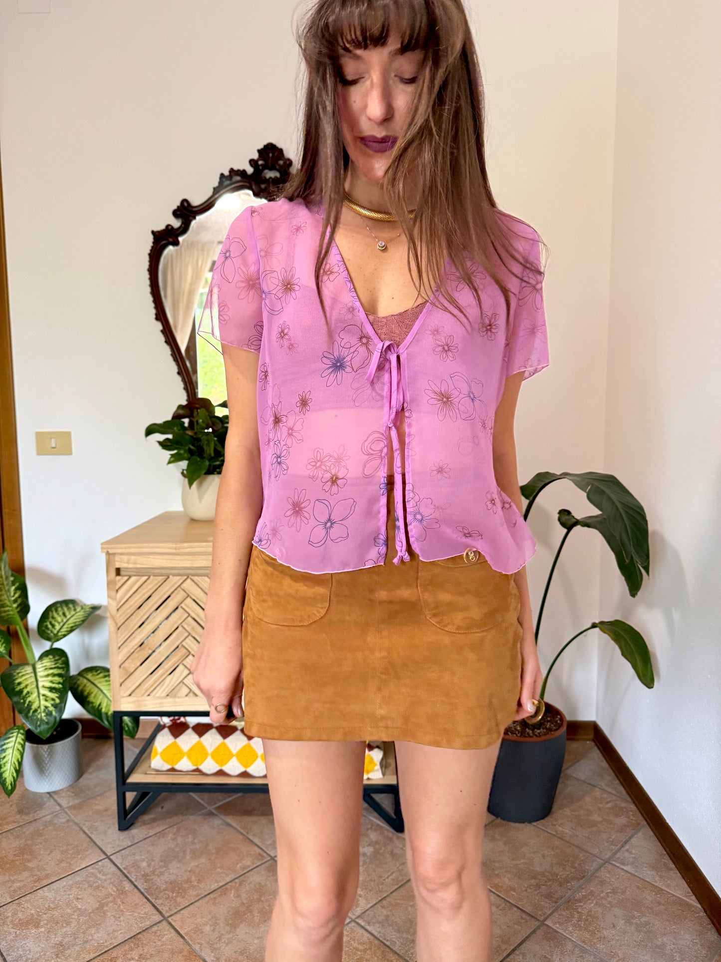 Y2k vintage pink sheer top with floral print