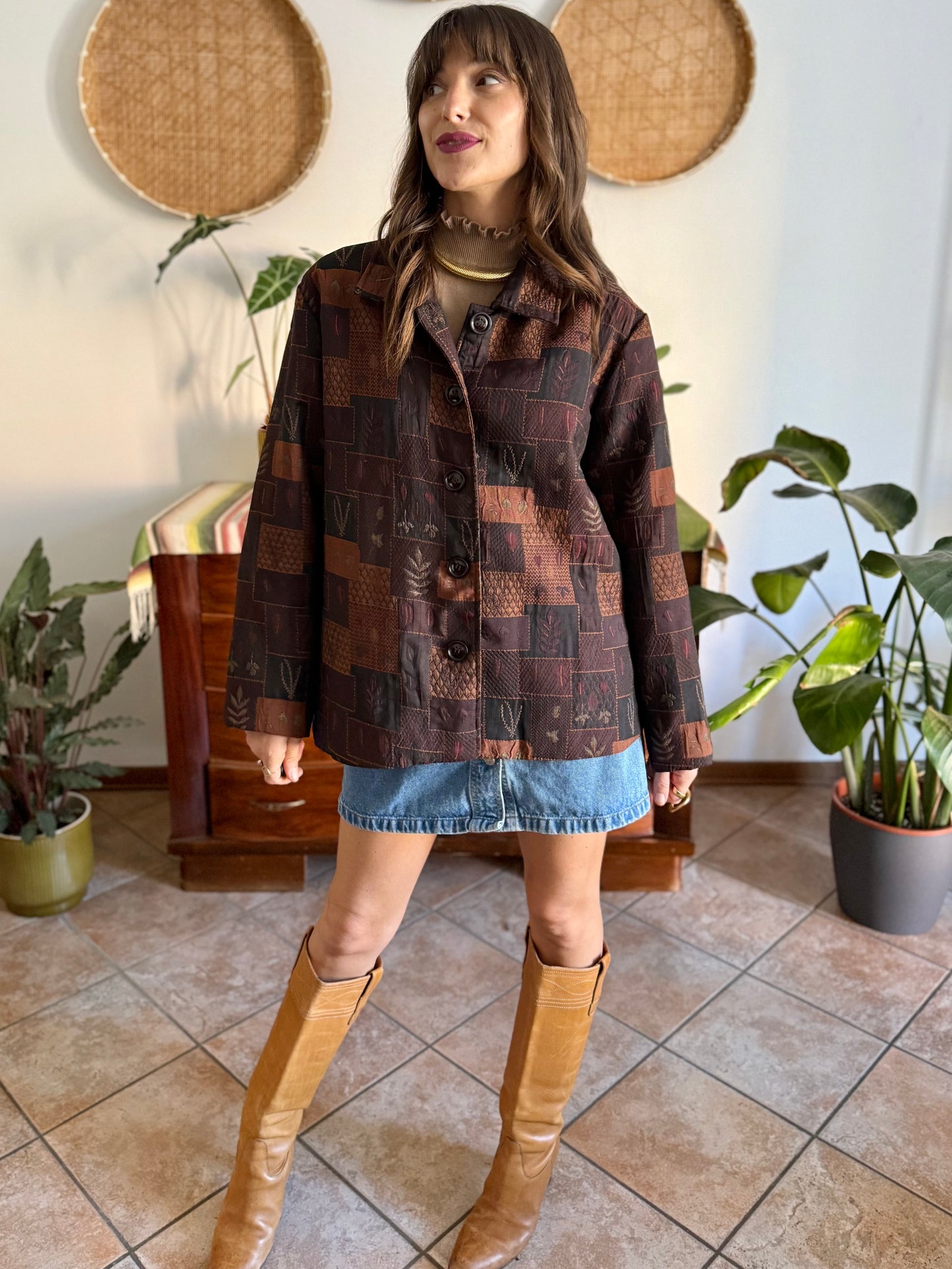 1990's vintage chocolate brown, tan and burgundy patchwork leaf motif textured jacket