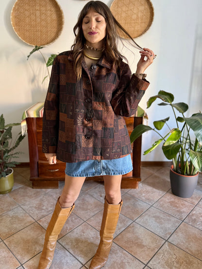1990's vintage chocolate brown, tan and burgundy patchwork leaf motif textured jacket