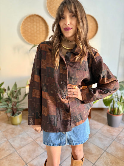 1990's vintage chocolate brown, tan and burgundy patchwork leaf motif textured jacket