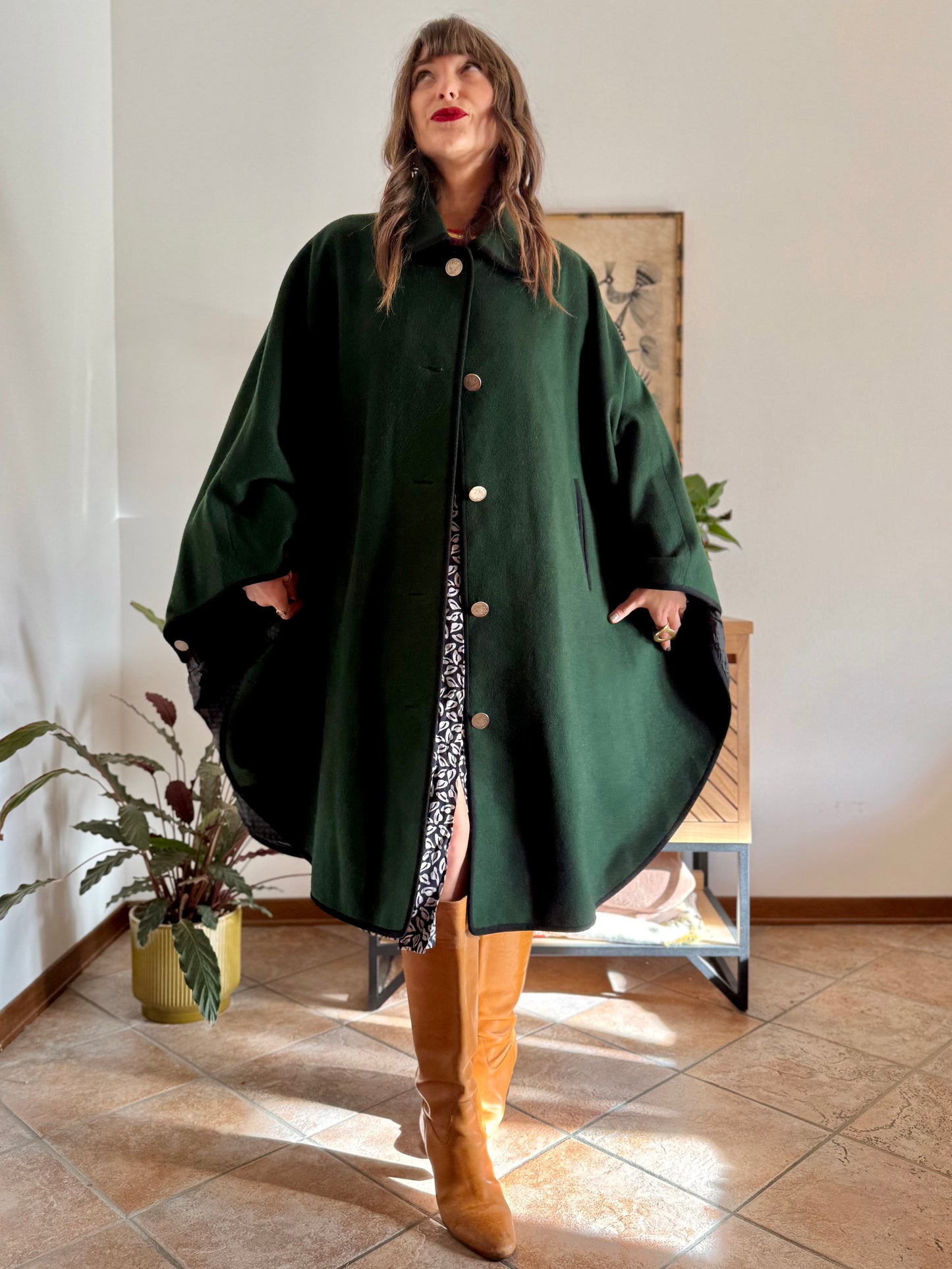 1970’s vintage dark green Loden cape overcoat with navy blue details