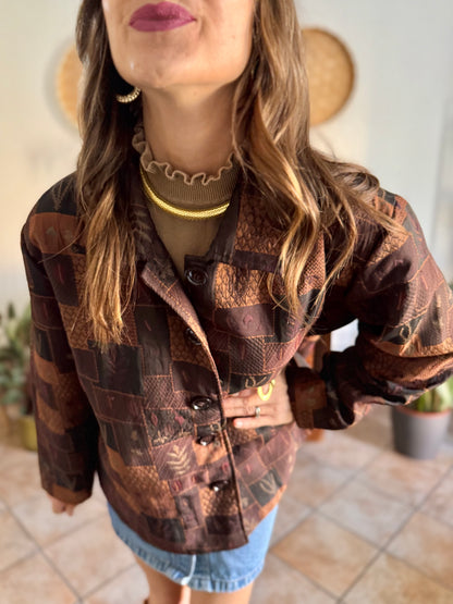 1990's vintage chocolate brown, tan and burgundy patchwork leaf motif textured jacket