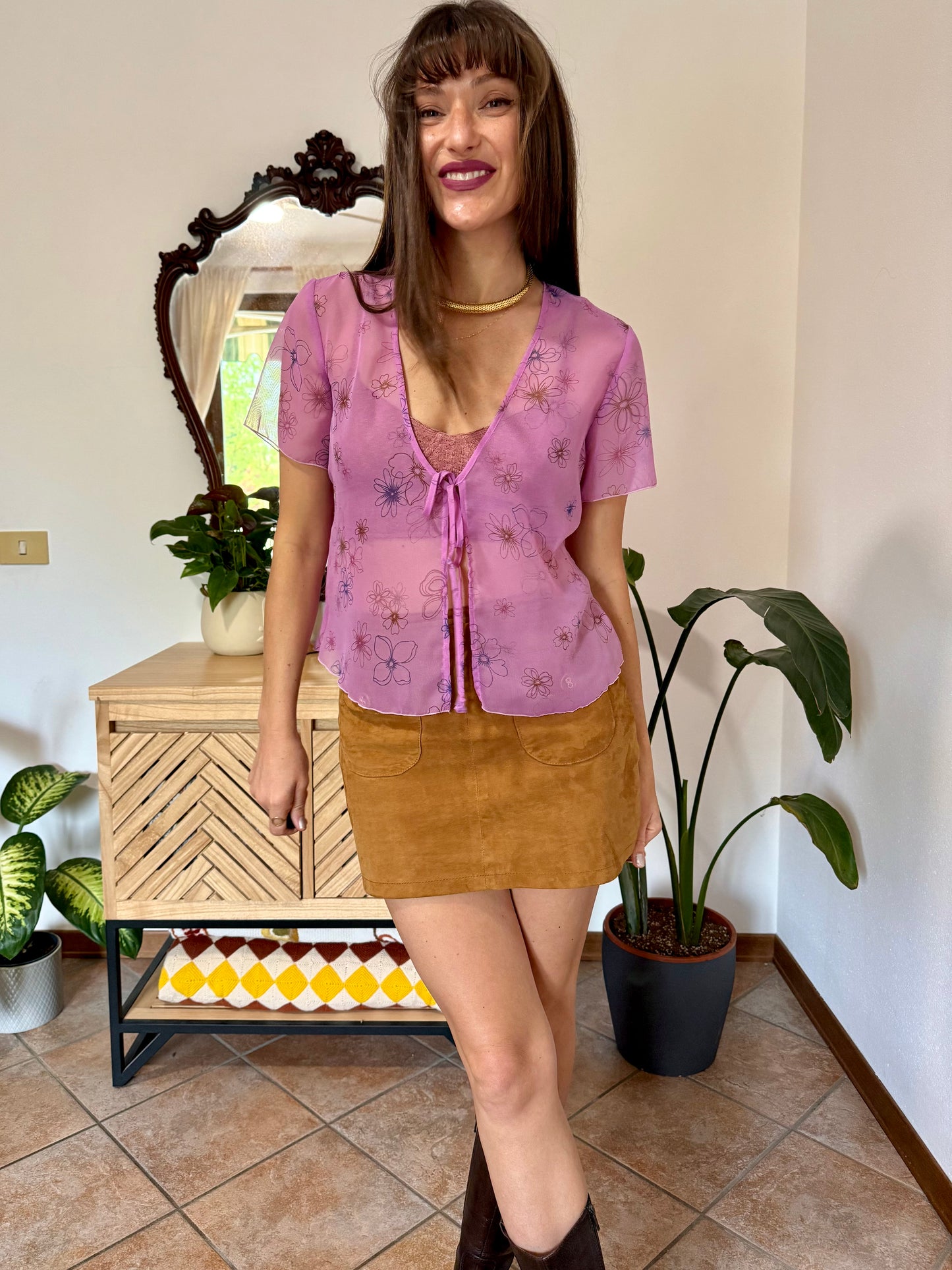 Y2k vintage pink sheer top with floral print