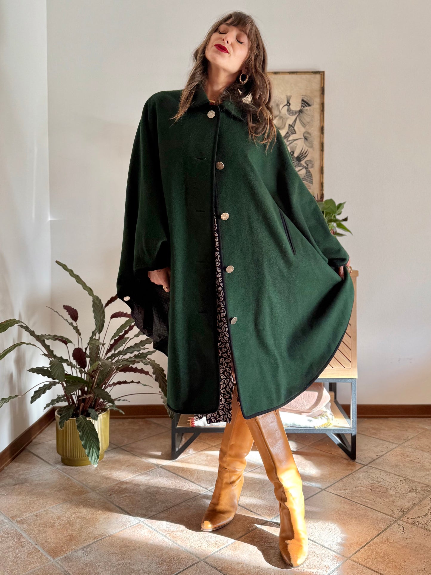 1970’s vintage dark green Loden cape overcoat with navy blue details