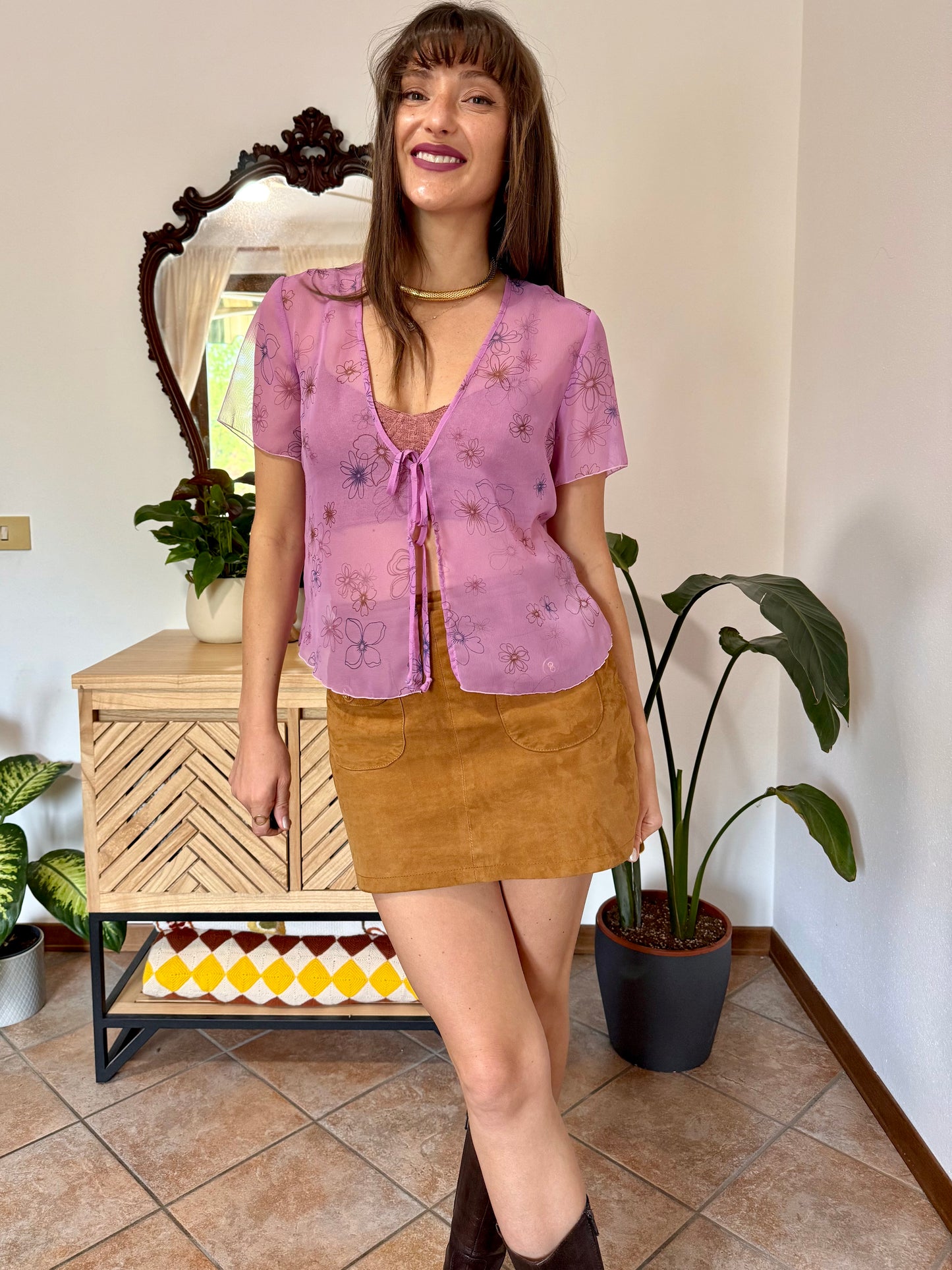 Y2k vintage pink sheer top with floral print