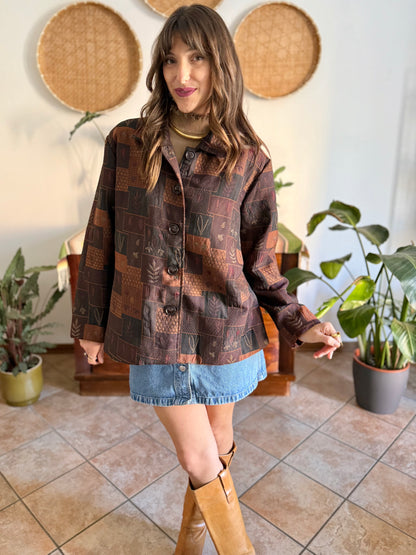 1990's vintage chocolate brown, tan and burgundy patchwork leaf motif textured jacket