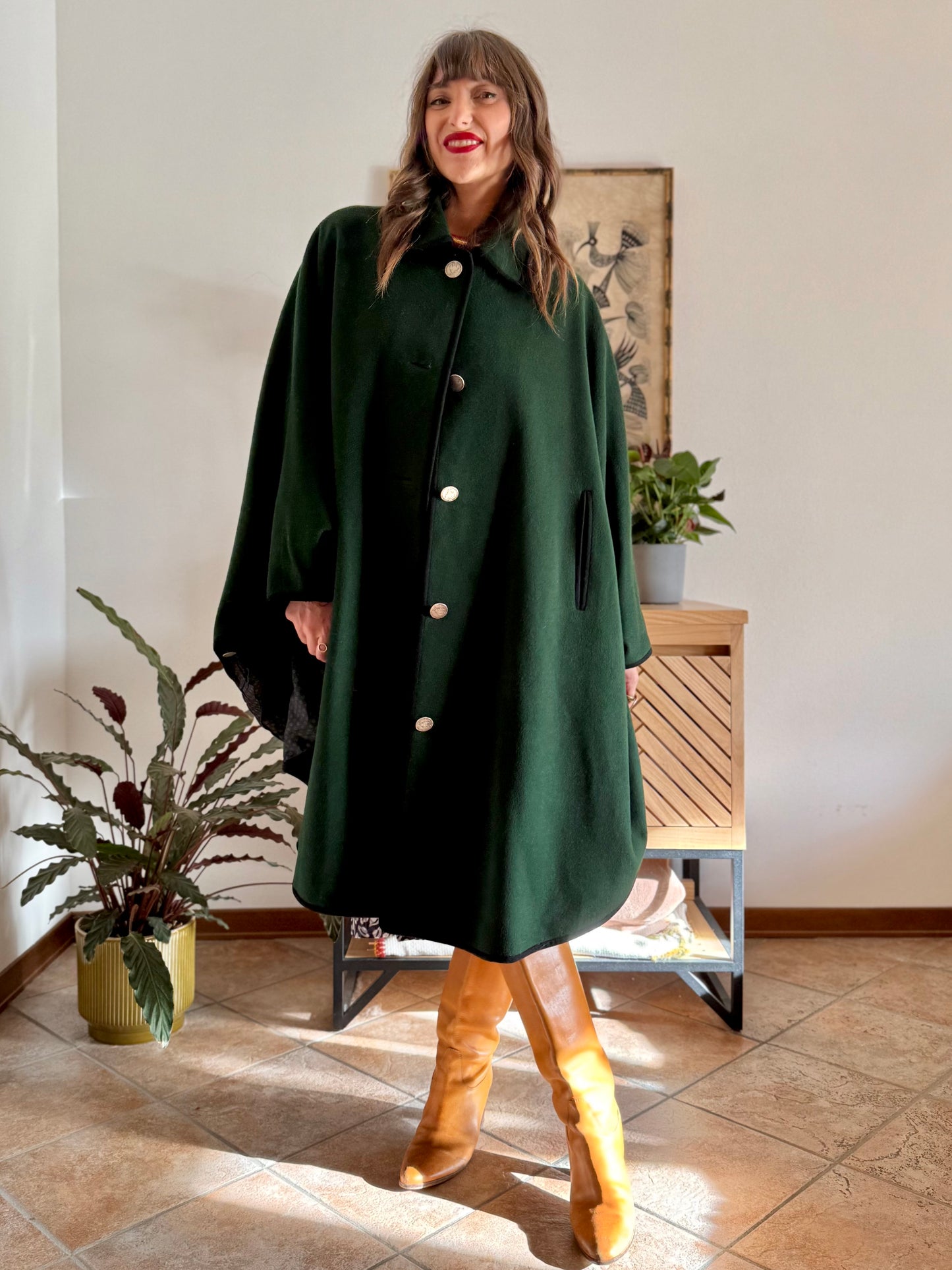 1970’s vintage dark green Loden cape overcoat with navy blue details