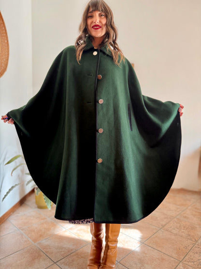1970’s vintage dark green Loden cape overcoat with navy blue details
