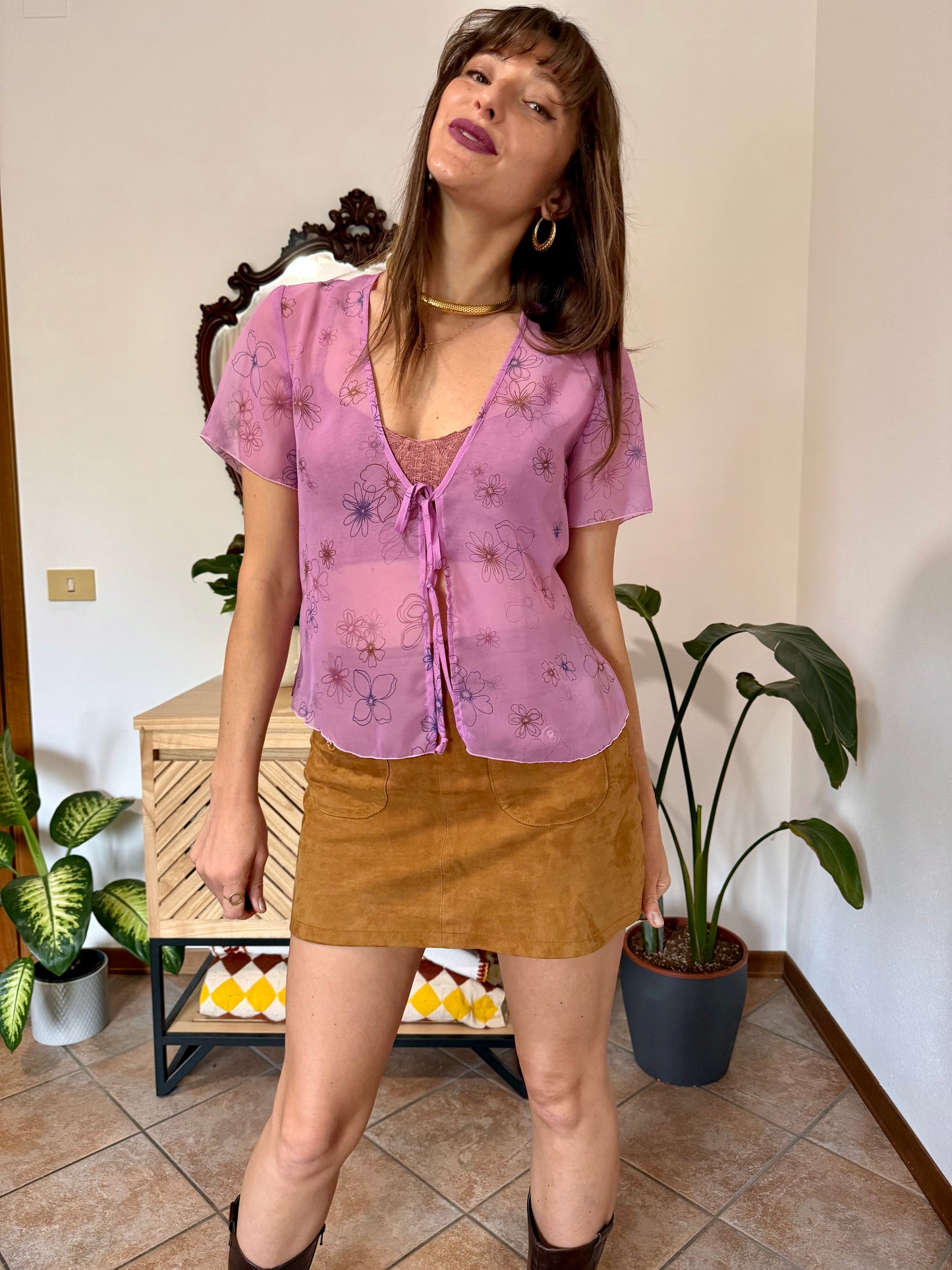 Y2k vintage pink sheer top with floral print