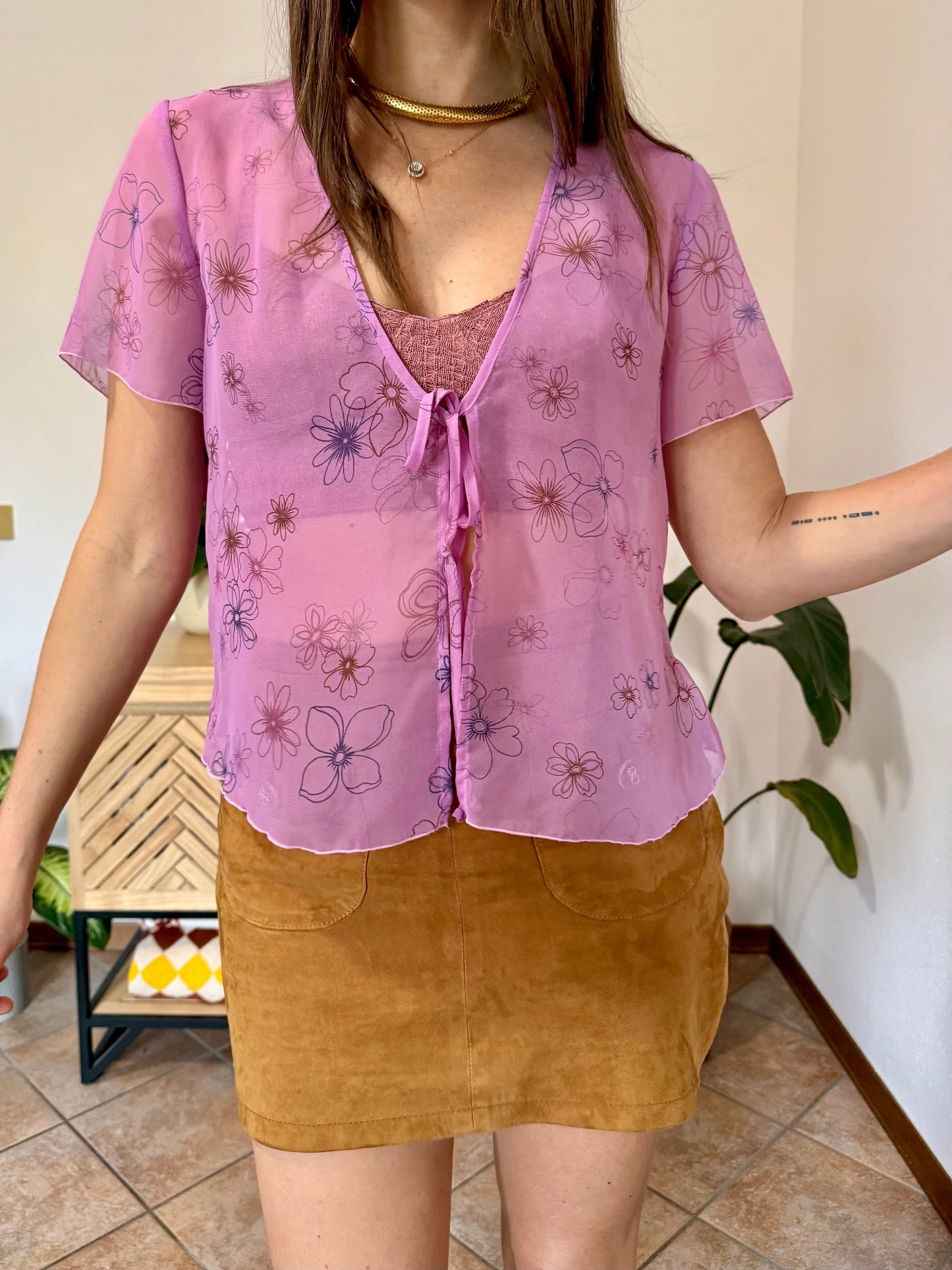 Y2k vintage pink sheer top with floral print