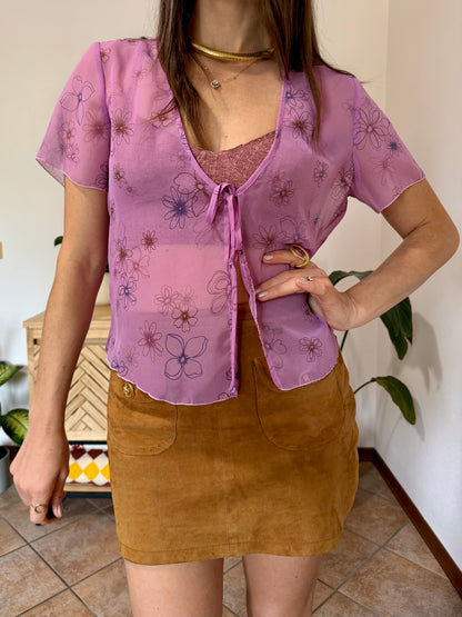 Y2k vintage pink sheer top with floral print