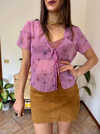 Y2k vintage pink sheer top with floral print