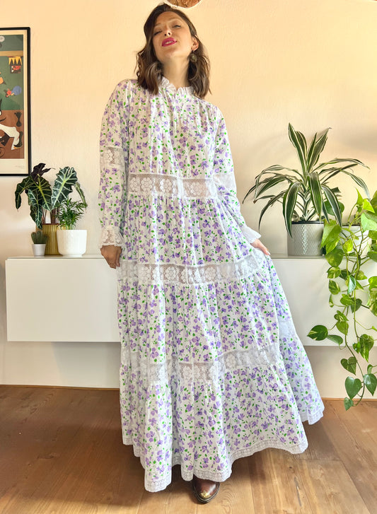 1970's vintage white prairie maxi dress with lavender floral print