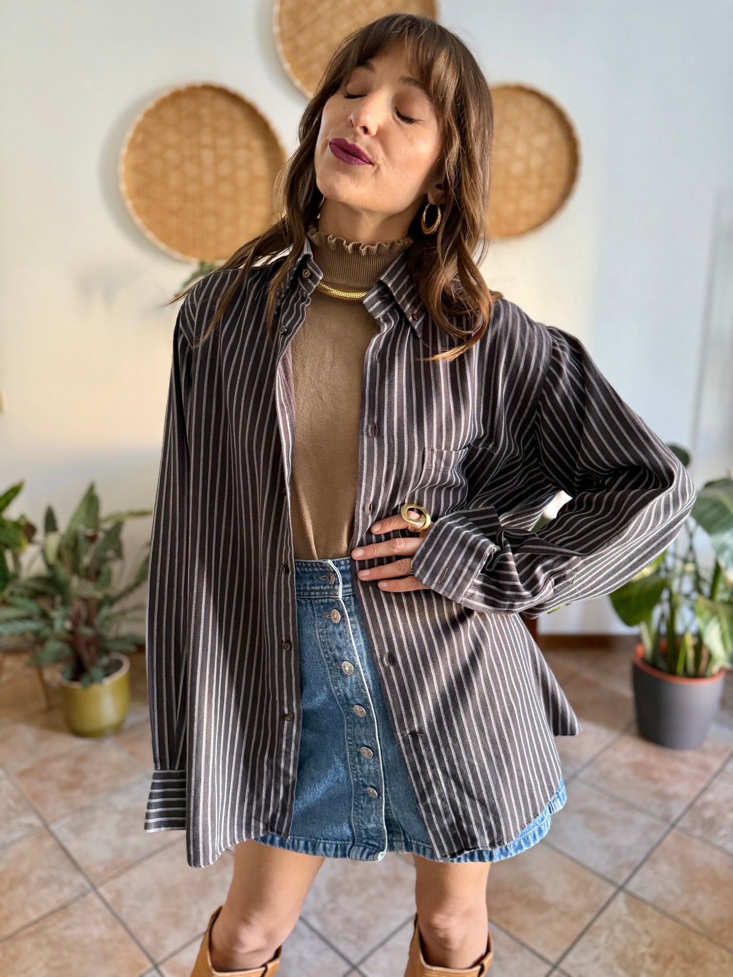 1990's vintage brown shirt with blue and tan vertical pinstriping