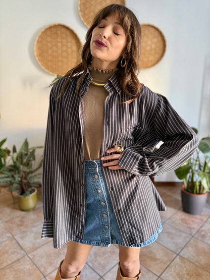 1990's vintage brown shirt with blue and tan vertical pinstriping