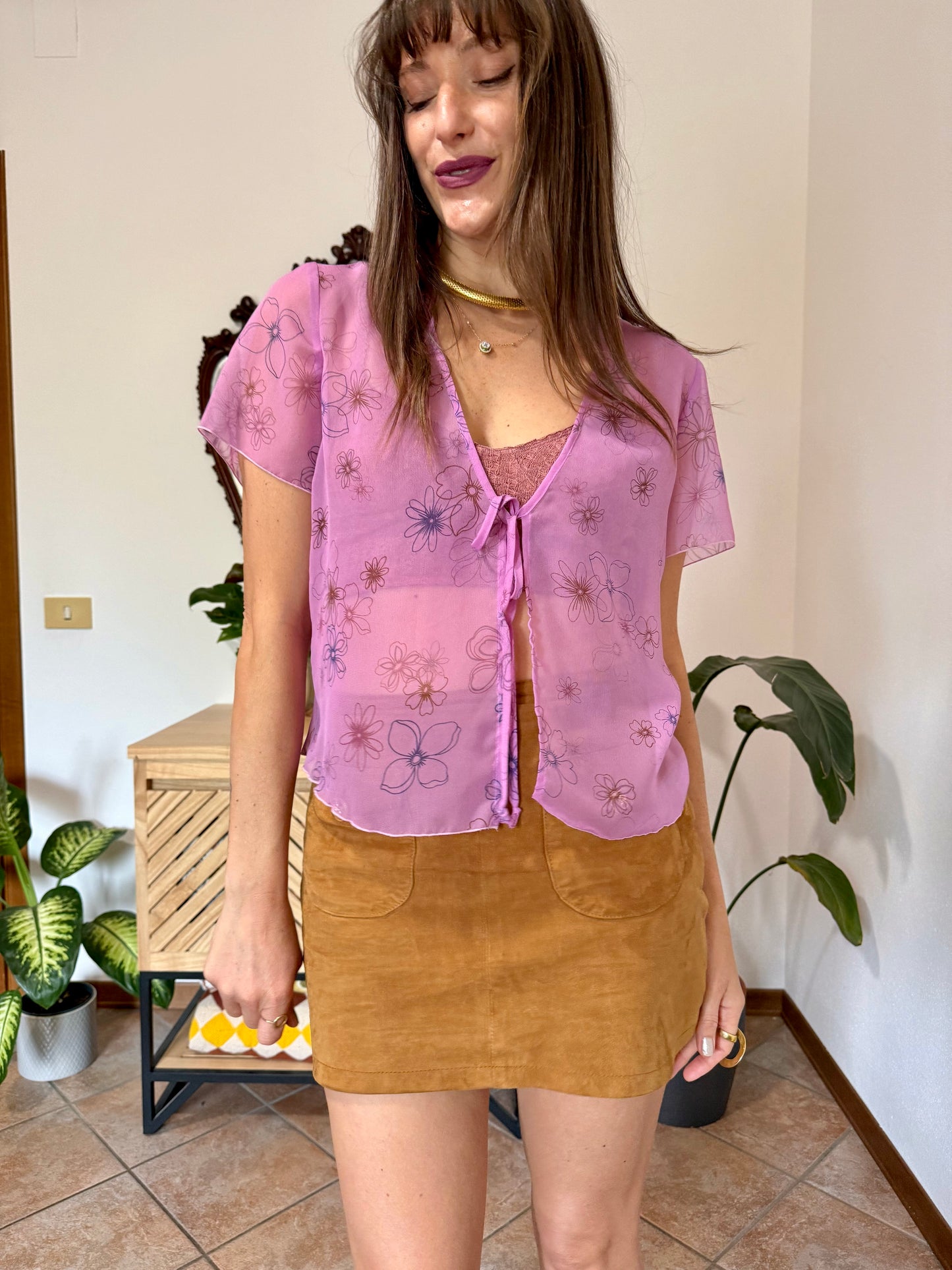 Y2k vintage pink sheer top with floral print