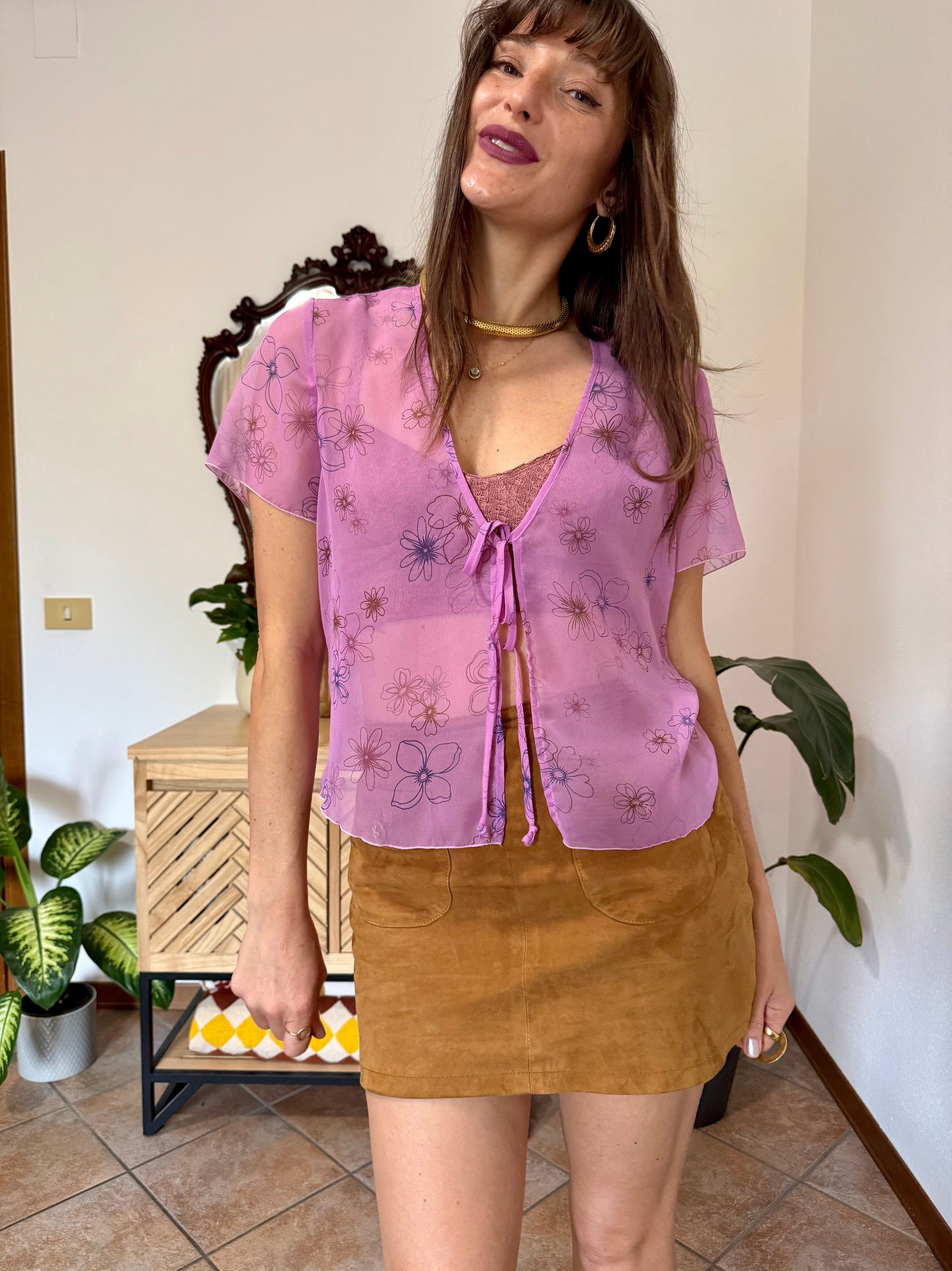 Y2k vintage pink sheer top with floral print