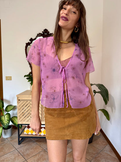 Y2k vintage pink sheer top with floral print