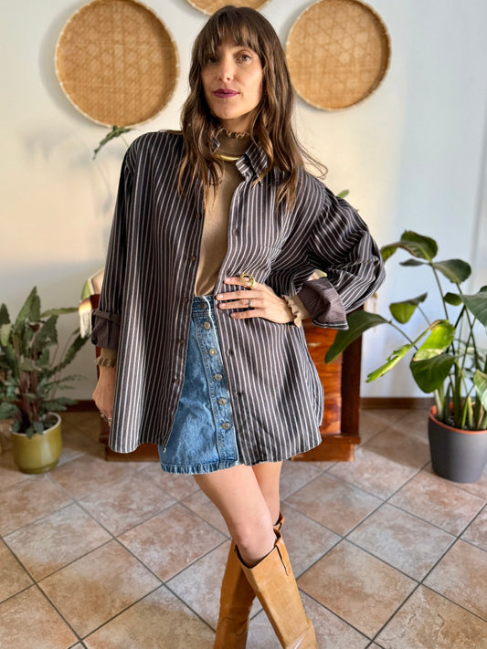 1990's vintage brown shirt with blue and tan vertical pinstriping