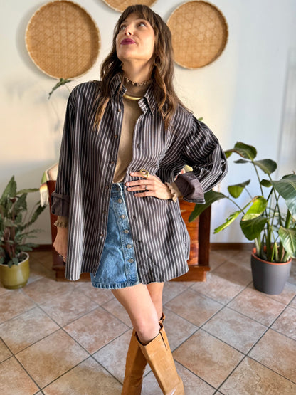 1990's vintage brown shirt with blue and tan vertical pinstriping