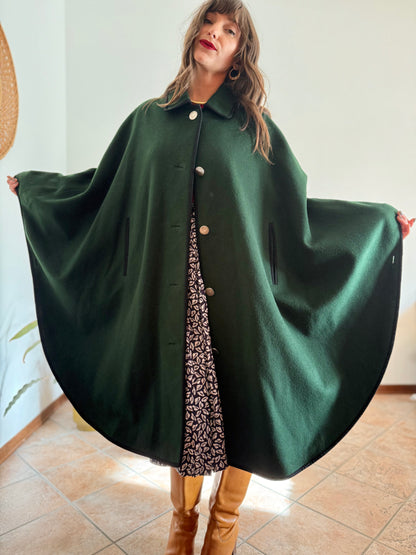 1970’s vintage dark green Loden cape overcoat with navy blue details