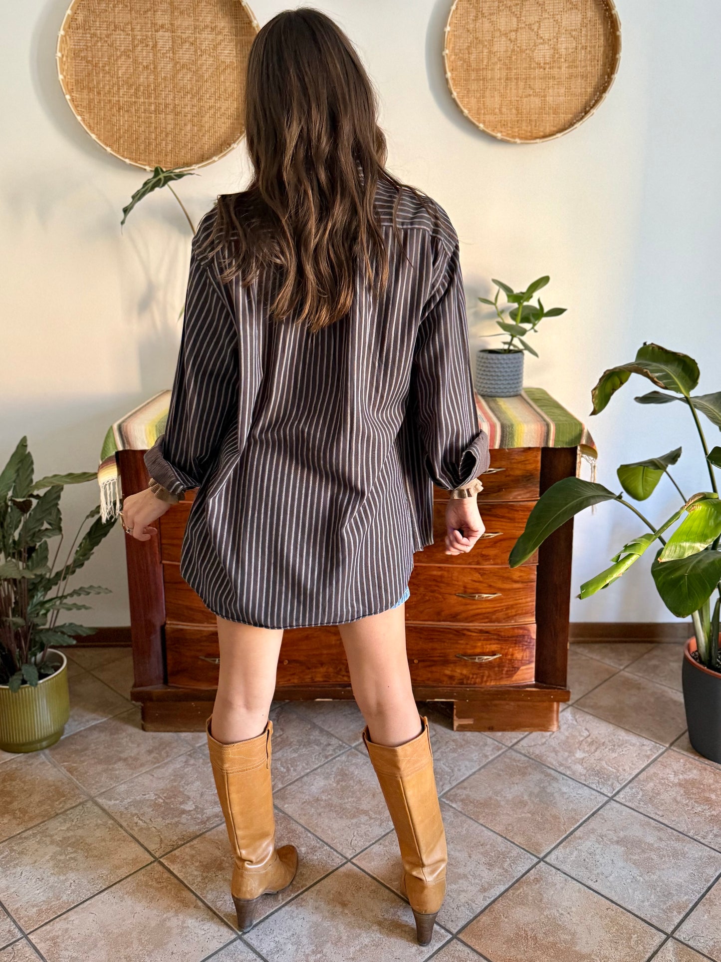 1990's vintage brown shirt with blue and tan vertical pinstriping