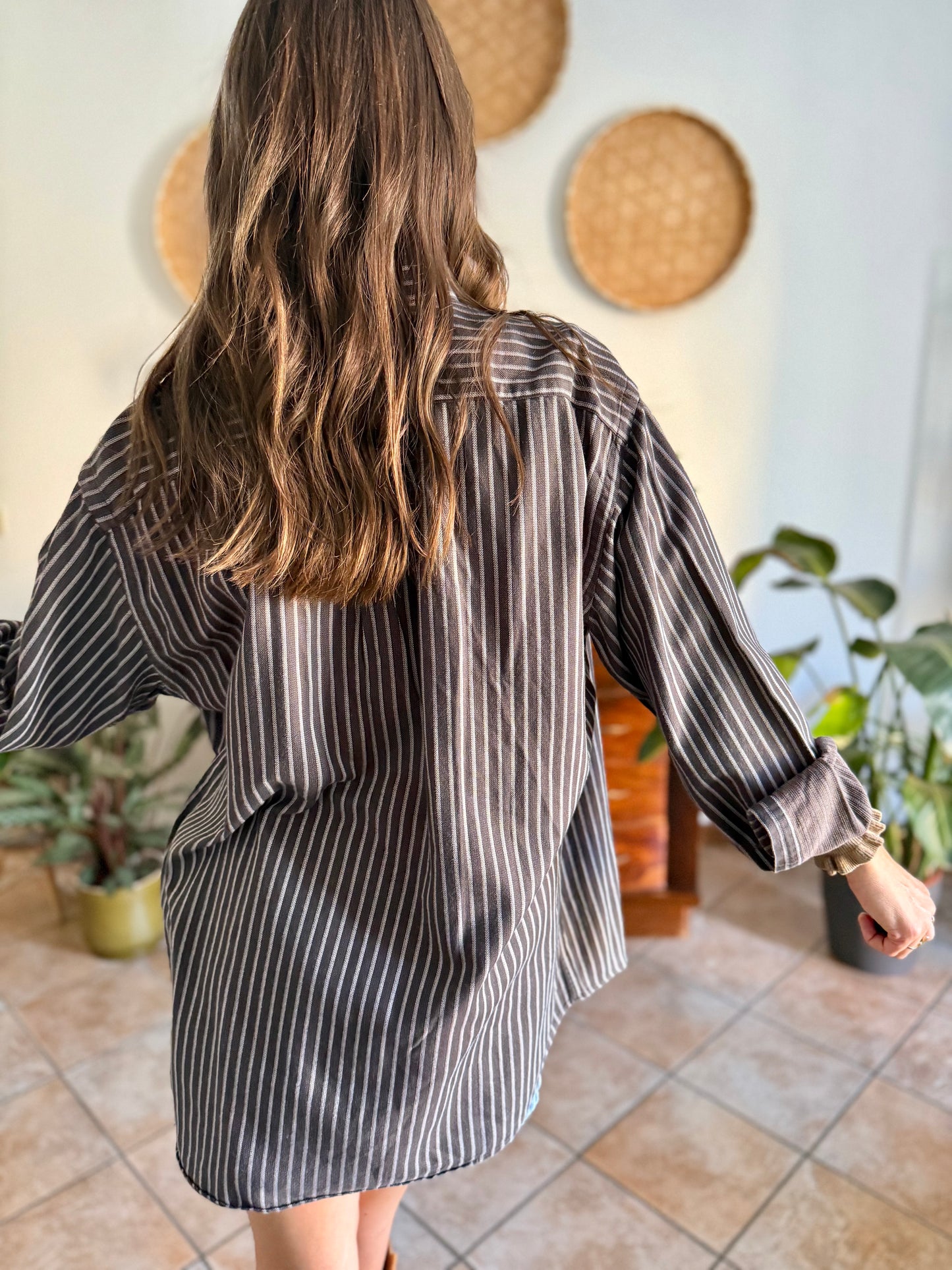1990's vintage brown shirt with blue and tan vertical pinstriping
