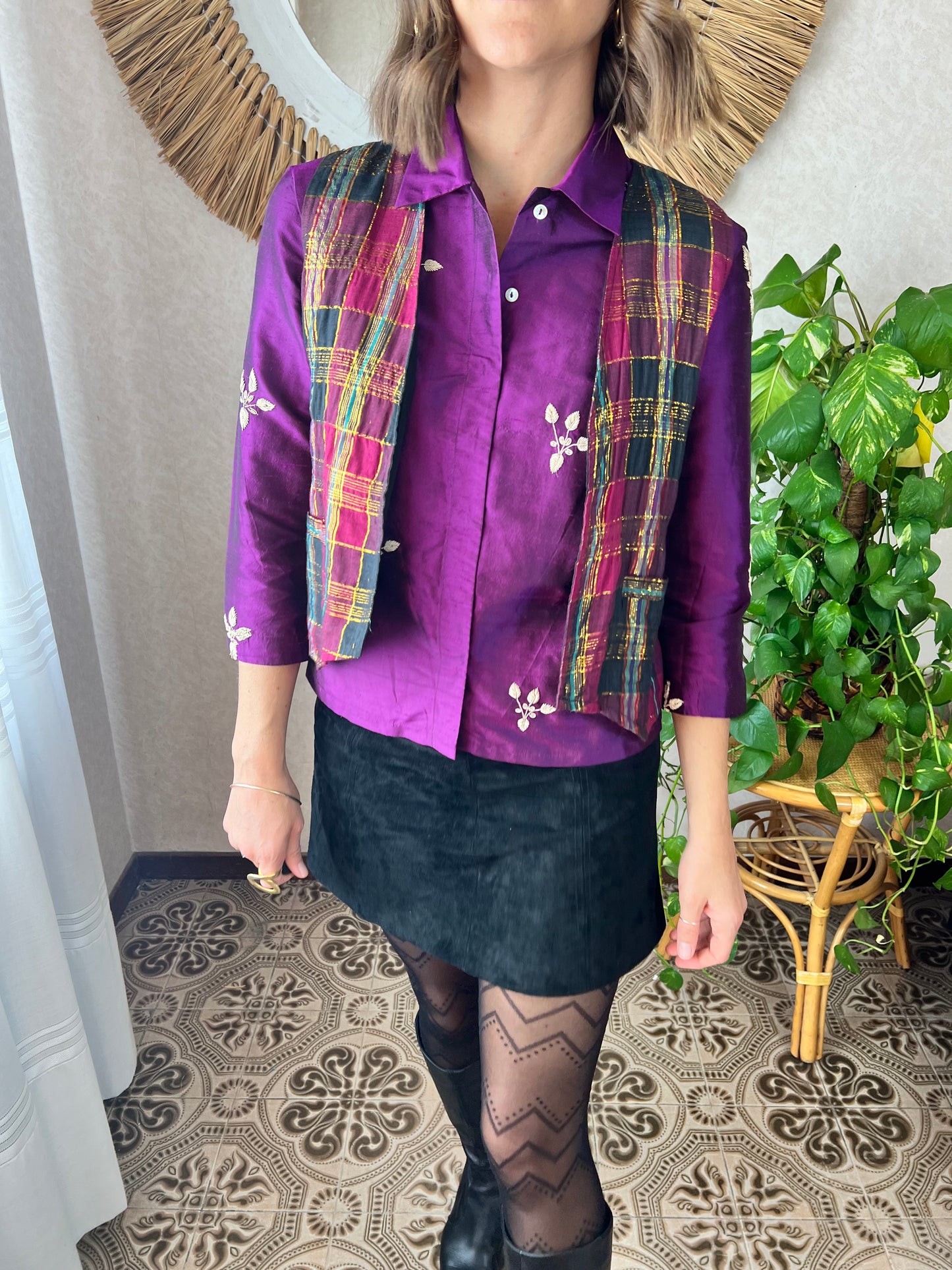 1970's vintage purple and gold plaid vest