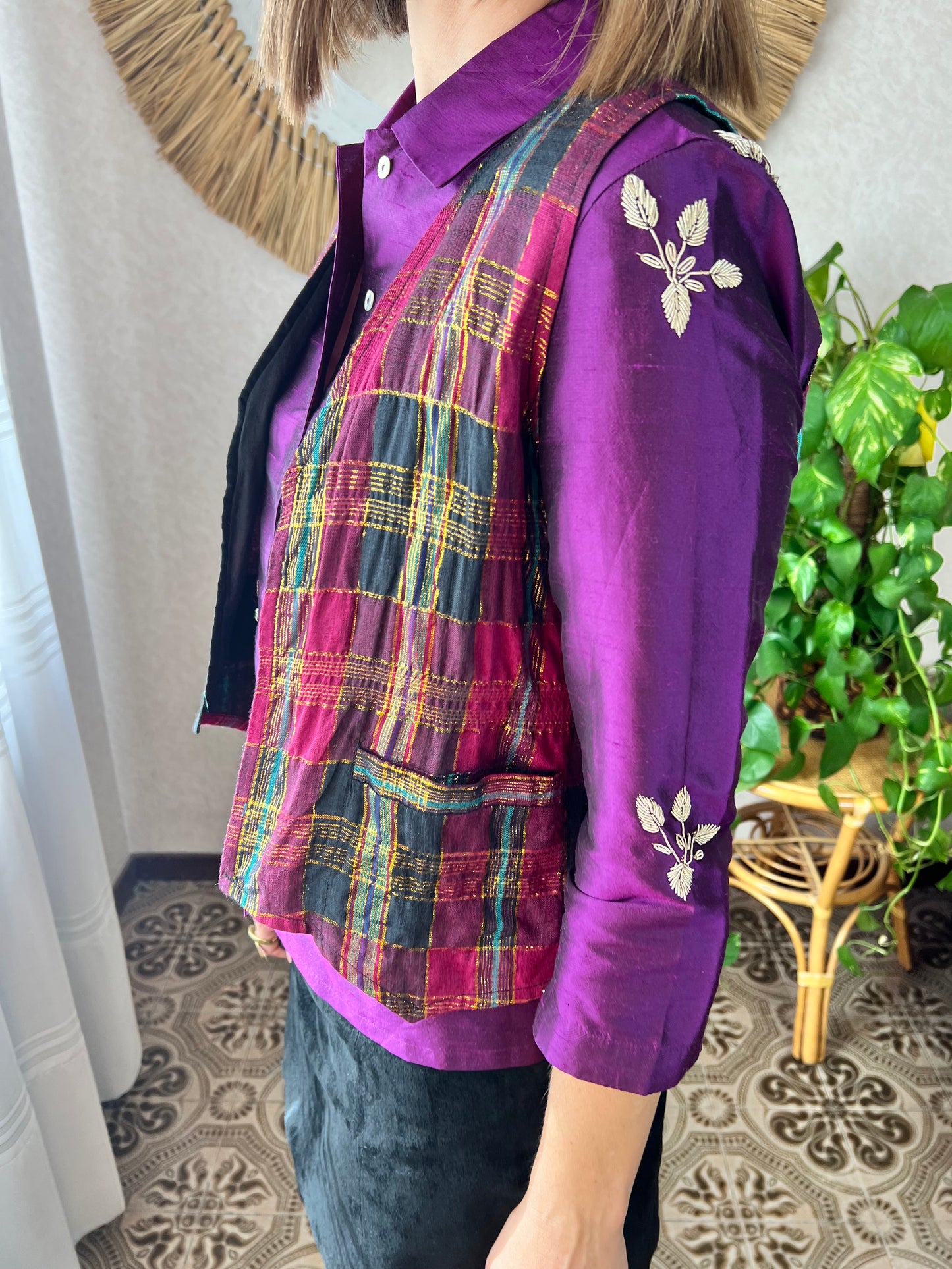 1970's vintage purple and gold plaid vest