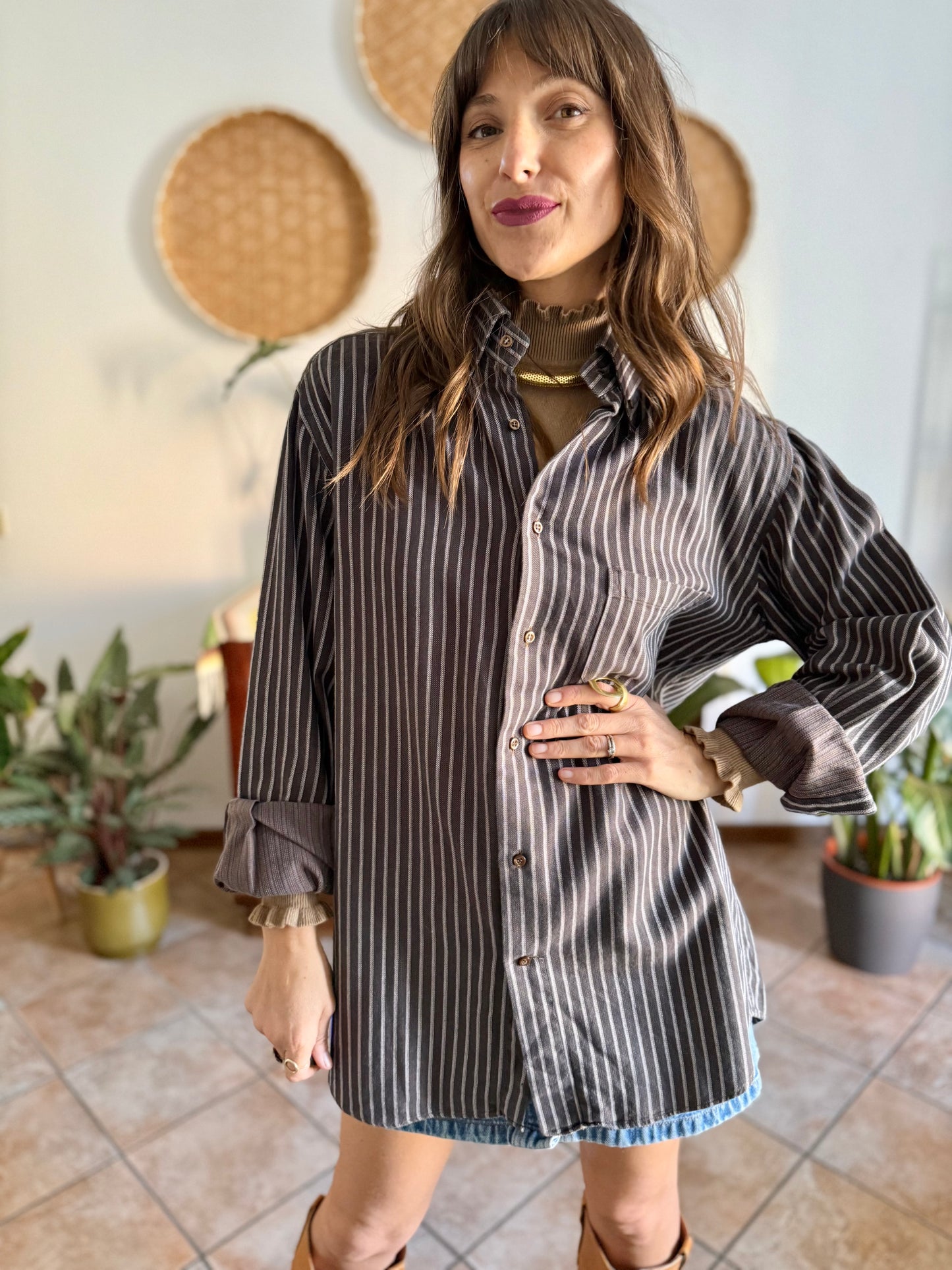 1990's vintage brown shirt with blue and tan vertical pinstriping
