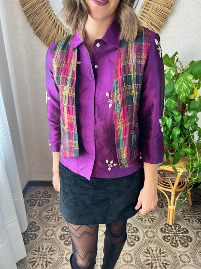 1970's vintage purple and gold plaid vest