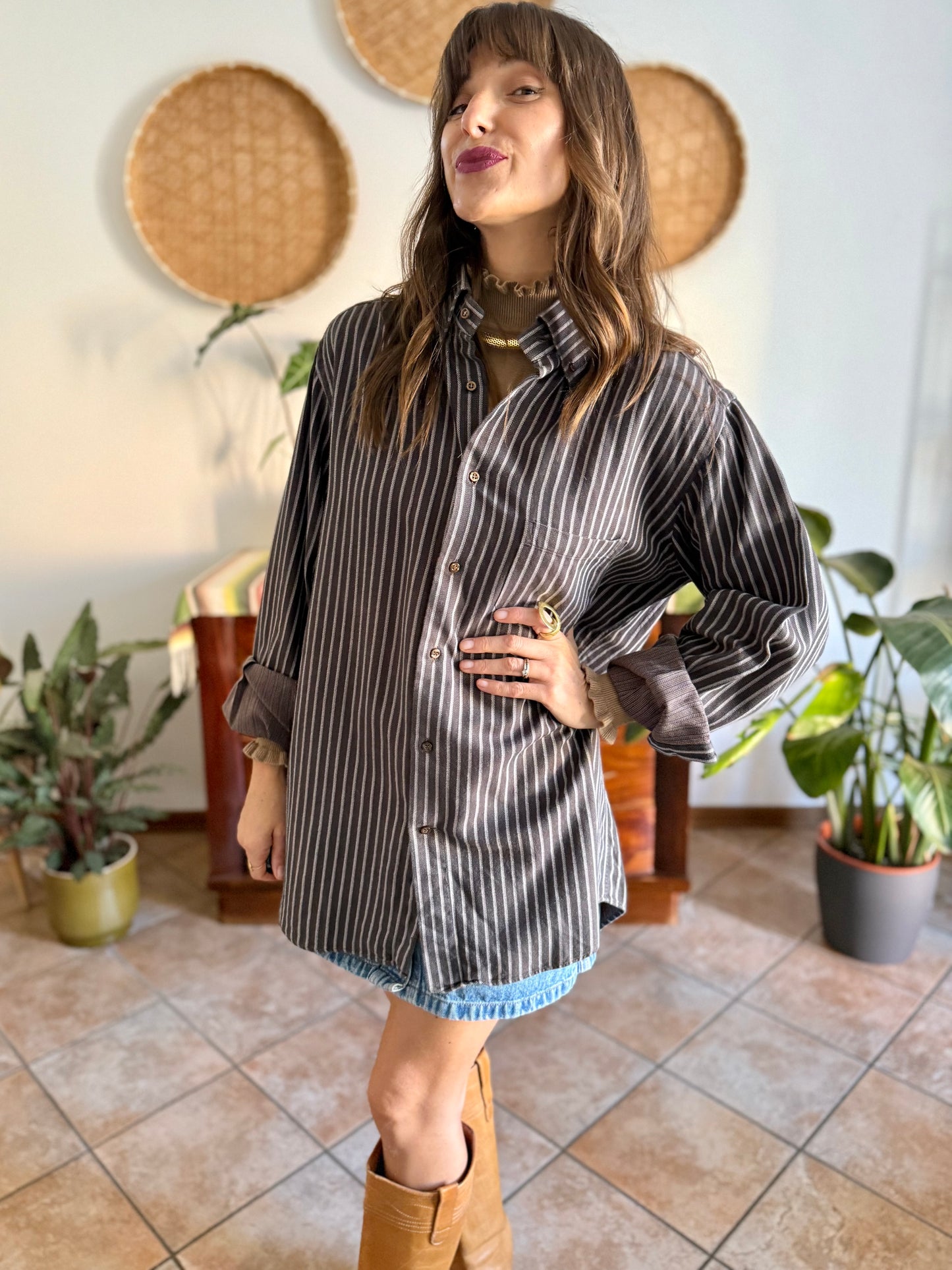 1990's vintage brown shirt with blue and tan vertical pinstriping